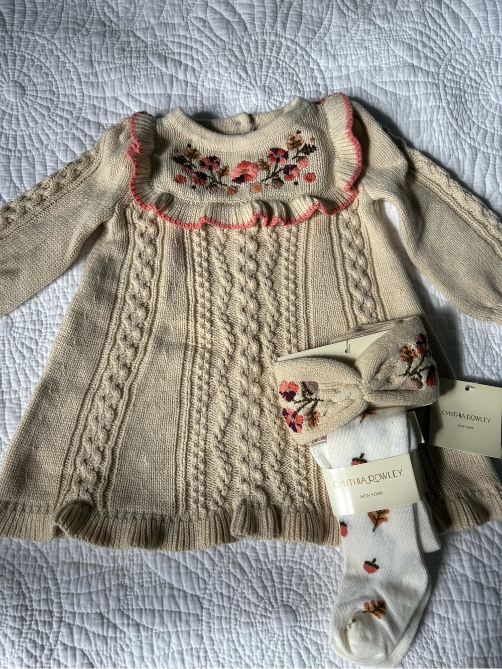 NWT Cynthia Rowley Cream Knit Floral Baby Dress with Matching Headband & Tights